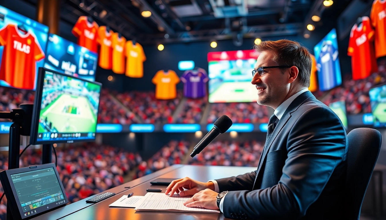 Engaging sports broadcasting scene with dynamic visuals and energetic atmosphere.