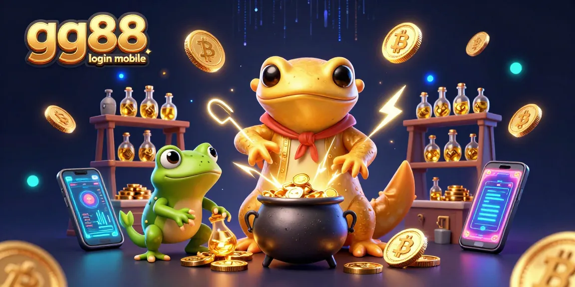 Experience the captivating dynamics of gg88 login mobile, featuring a whimsical alchemist amidst cryptocurrency elements.