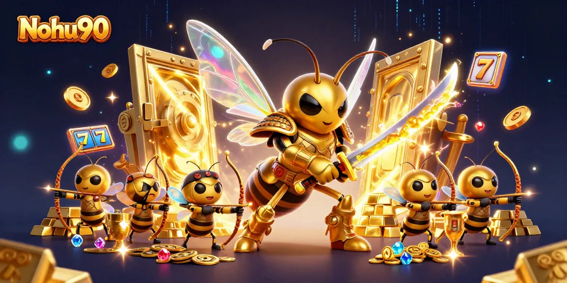Nohu90 showcases vibrant 3D casino illustration featuring a hornet warrior and slot elements.