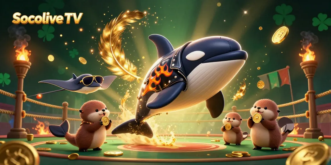 Socolive TV showcases a vibrant betting arena where a 3D cartoon orca whale leaps with flair alongside playful sea otters and a cool stingray.