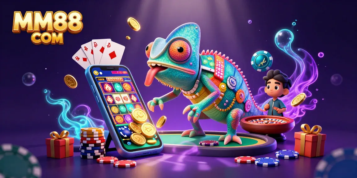 Play slots and win big with MM88 COM, featuring vibrant casino games and golden coins.